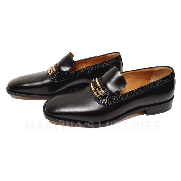 GUCCI SHOES MENS GEOMETRIC G LOGO BLACK LEATHER LOAFERS w LIZARD sz 10 10.5 - Picture 3 of 15